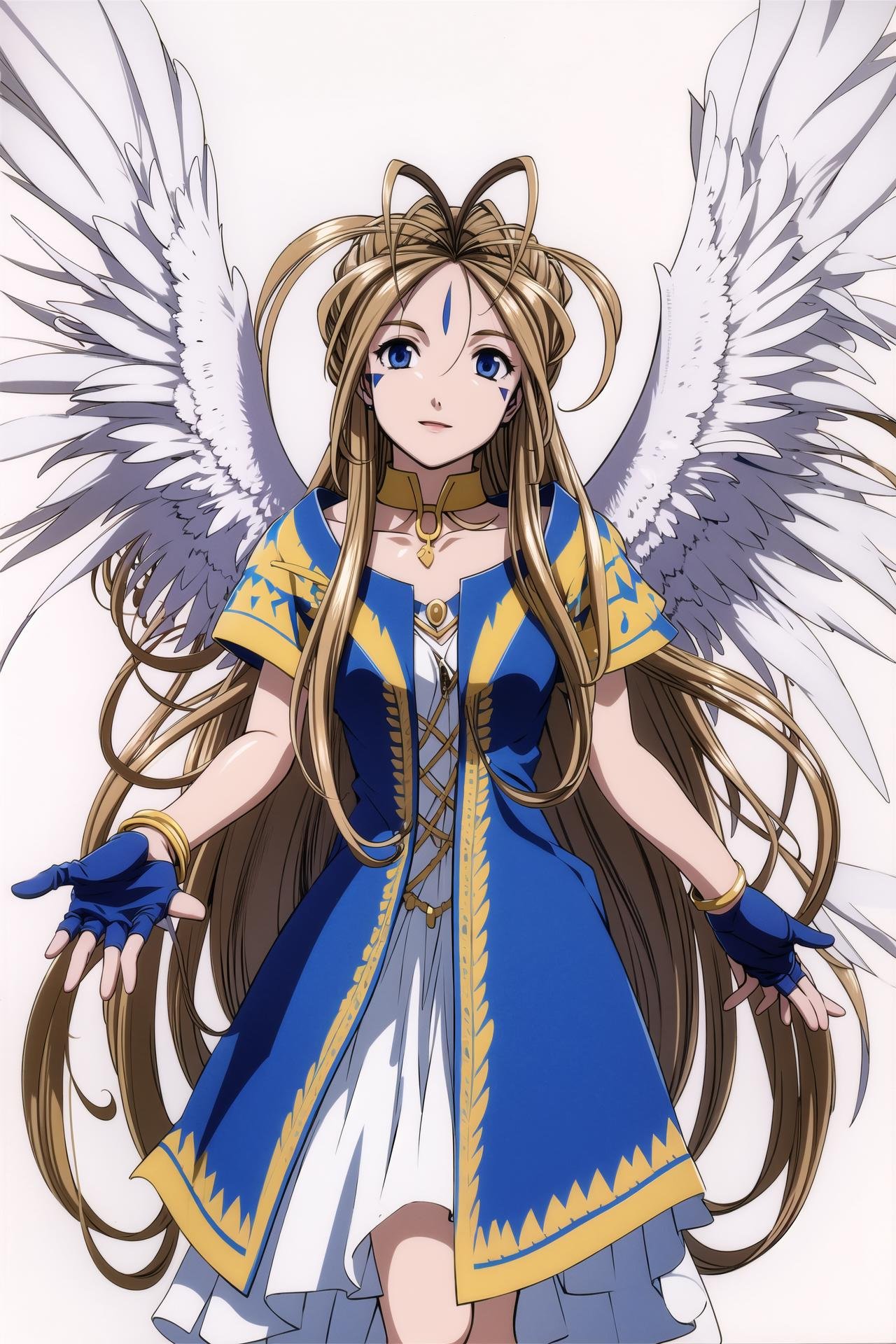 Belldandy,1girl, solo, long hair, jewelry, wings, brown hair, facial mark, gloves, forehead mark, bracelet, fingerless gloves, blue eyes, dress, white background, <lora:Kosuke Fujishima:0.8>