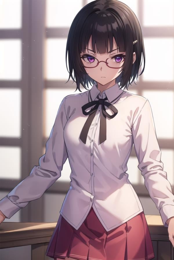 sounasitri, <lora:souna sitri anime s1-lora-nochekaiser:1>,souna sitri, short hair, black hair, hair ornament, glasses, hairclip, bangs, blunt bangs, (purple eyes:1.1),BREAK shirt, ribbon, school uniform, white shirt, black ribbon, neck ribbon, capelet, black capelet, long sleeves, skirt, red skirt,BREAK indoors, classroom,BREAK looking at viewer, (cowboy shot:1.5),BREAK <lyco:GoodHands-beta2:1>, (masterpiece:1.2), best quality, high resolution, unity 8k wallpaper, (illustration:0.8), (beautiful detailed eyes:1.6), extremely detailed face, perfect lighting, extremely detailed CG, (perfect hands, perfect anatomy),