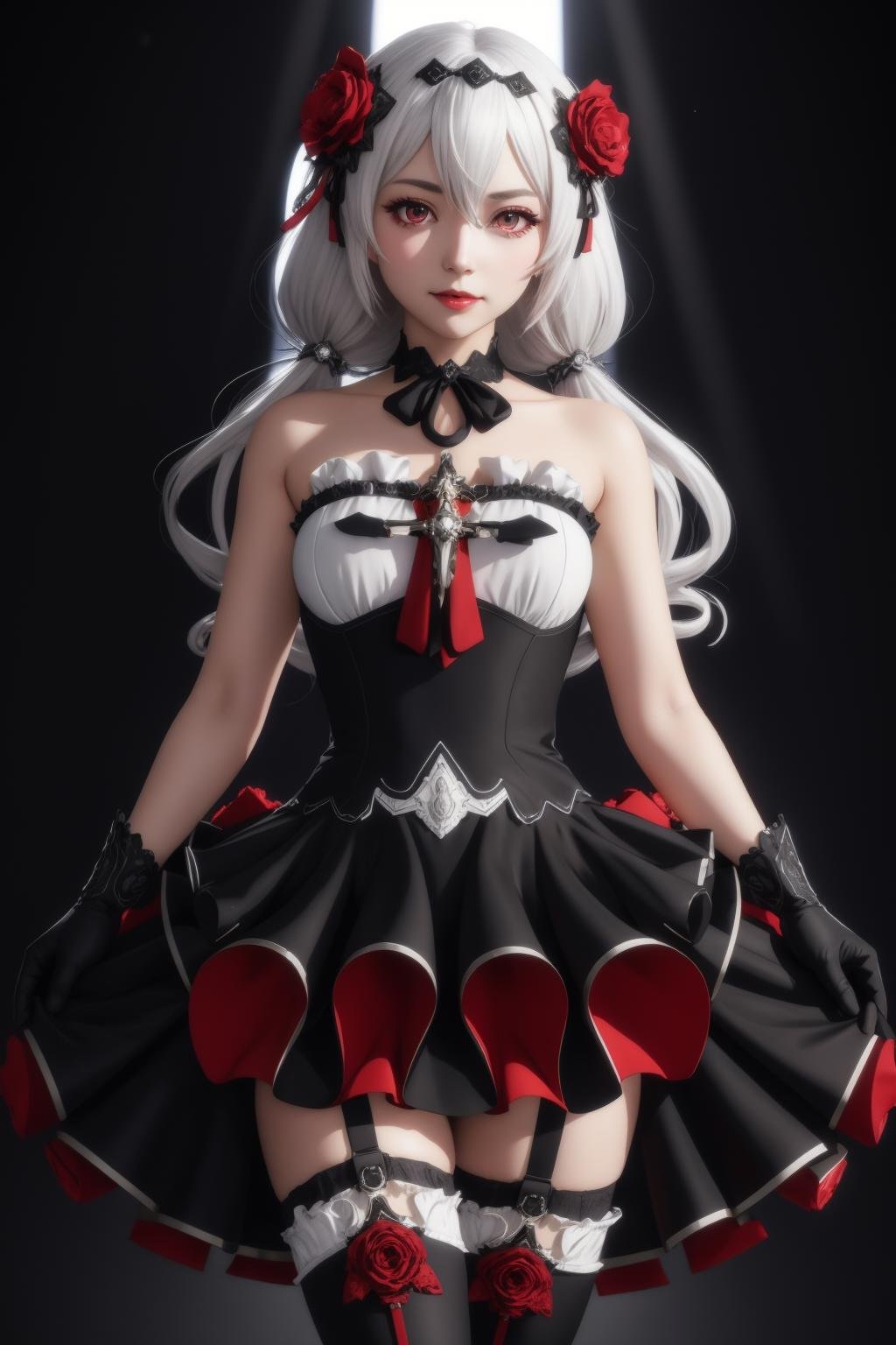 <lora:luna_kindred_m8:1>, luna kindred, masterpiece, best quality, ultradetailed, backlight, god rays, dreamy atmosphere, 1girl, standing, arms at side, red eyes, looking at viewer, cowboy shot, rose, black dress, black gloves, black thighhighs