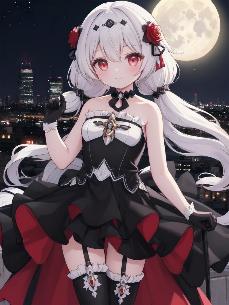 <lora:luna_kindred_m8:1>, luna kindred, masterpiece, best quality, illustration, 1girl, standing, cowboy shot, light smile, rose, black dress, black gloves, black thighhighs, city skyline, cityscape, urban, rooftop, city lights, night, dark, moon