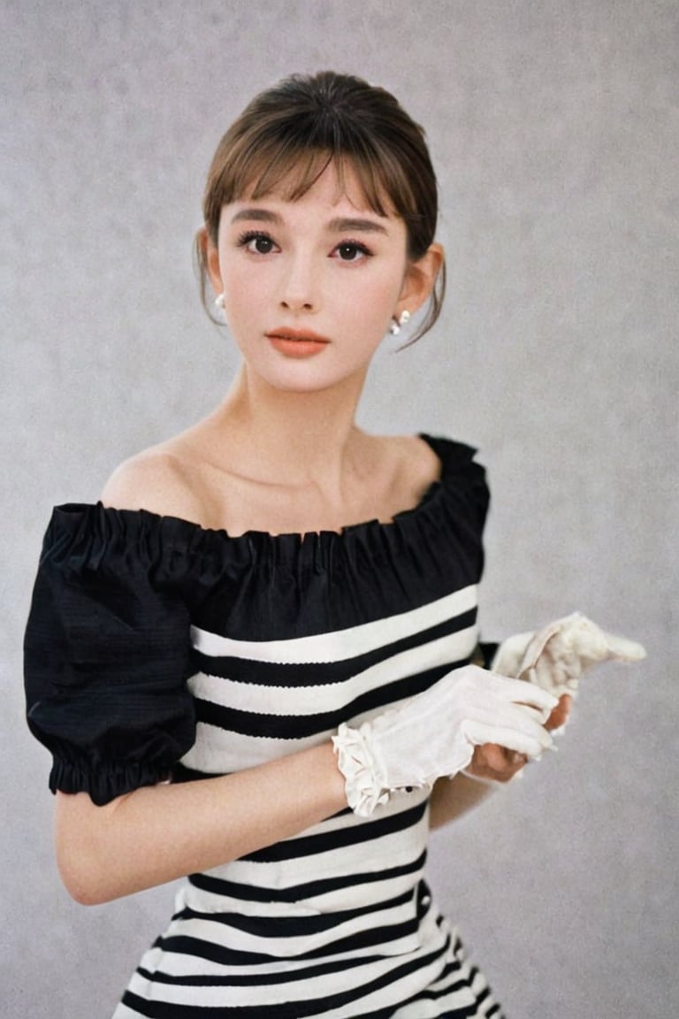 (masterpiece, best quality, hyper realistic, raw photo, ultra detailed, extremely detailed, intricately detailed),(photorealistic:1.4),(photography of Audrey Hepburn wearing a fashionable Striped off-the-shoulder ruffle hem dress,  designed by Hubert de Givenchy, ),excited,amused,striped long sleeve shirt,sexy,beautiful,young,dslr,8k,4k,ultrarealistic,realistic,natural skin,textured skin,60s,Pantheonfashion,<lora:Breakfast at Tiffany's XL:0.8>,<lora:ACh XL:1>,<lora:Better Detail:0.65>,