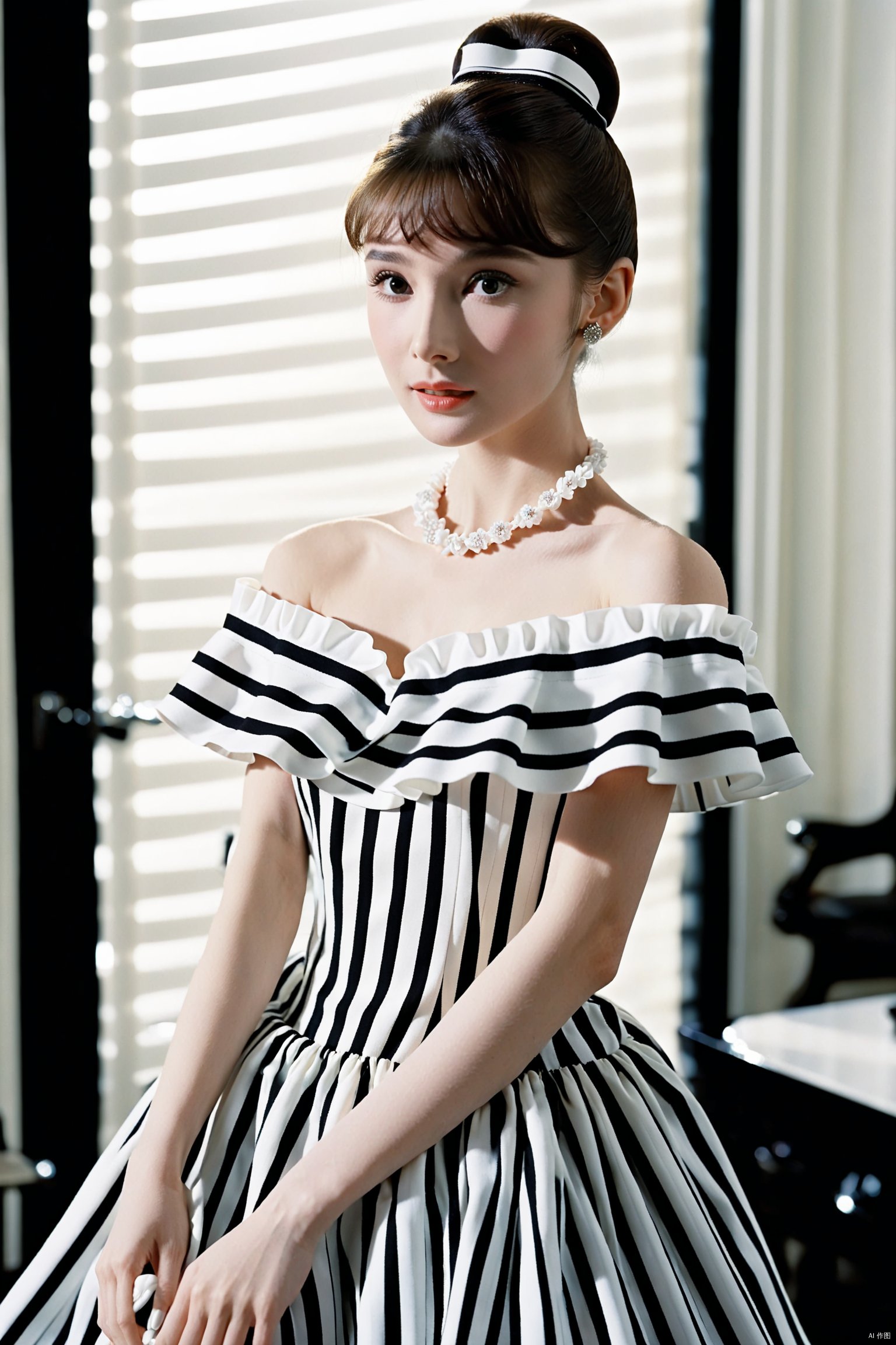  (masterpiece, best quality, hyper realistic, raw photo, ultra detailed, extremely detailed, intricately detailed), (photorealistic:1.4), (photography of Audrey Hepburn wearing a fashionable Striped off-the-shoulder ruffle hem dress, designed by Hubert de Givenchy, ), (smile), fairy, pure, innocent, beauty, (slender), super model, adr, Breakfast at Tiffany's, Sabrina, (glide_fashion), depth of field, (full shot), film grain, zeiss lens, symmetrical, 8k resolution,octane render(OC渲染), extremely high-resolution details, fine texture, dynamic angle,fashion(时尚), fashion,,