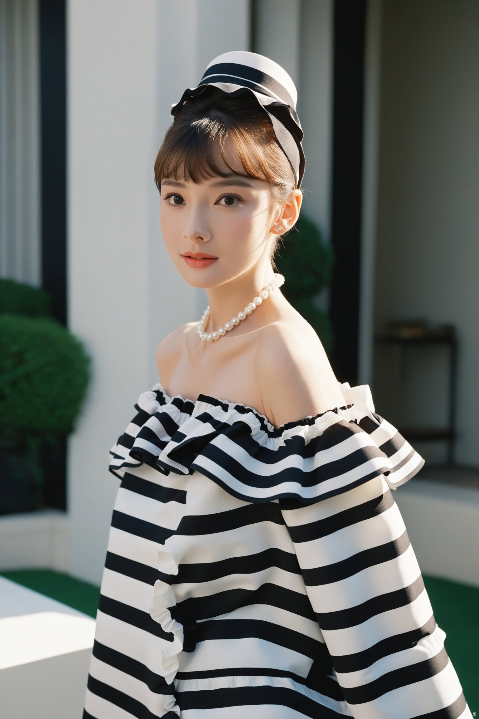  (masterpiece, best quality, hyper realistic, raw photo, ultra detailed, extremely detailed, intricately detailed), (photorealistic:1.4), (photography of Audrey Hepburn wearing a fashionable Striped off-the-shoulder ruffle hem dress, designed by Hubert de Givenchy, ), (smile), fairy, pure, innocent, beauty, (slender), super model, adr, Breakfast at Tiffany's, Sabrina, (glide_fashion), depth of field, (full shot), film grain, zeiss lens, symmetrical, 8kresolution,octanerender(OC渲染), extremely high-resolution details, fine texture,dynamicangle,fashion(时尚), fashion,, monkren, sunlight