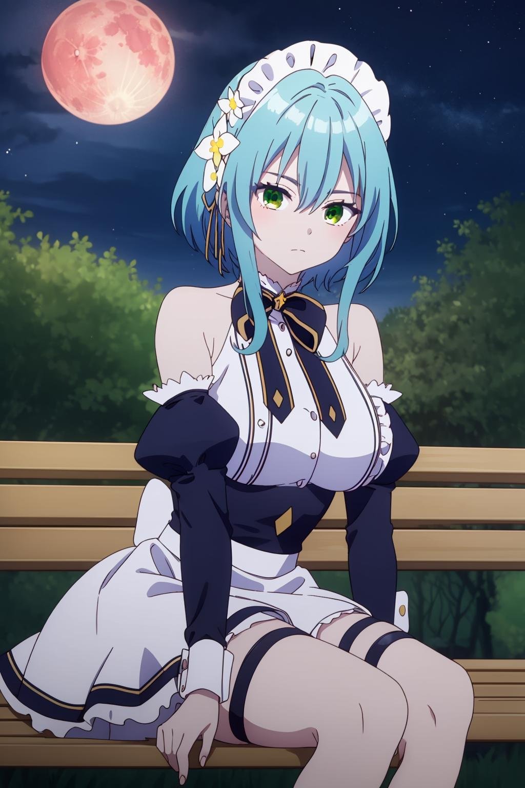 masterpiece, best quality, highly detailed, villhaze, green eyes, hair between eyes, blue hair, bare shoulders, large breasts, maid headdress, short hair, frills, detached sleeves, ribbon, maid, black bow, hair ornament, hair flower, white flower, short dress, thigh strap, sidelocks, two-tone dress, white wrist cuffs, yellow ribbon, black sleeves, thigh, sitting in bench, outdoor, night, dark sky, star, shooting star, red moon, looking at viewer, <lora:villhaze-05:1>