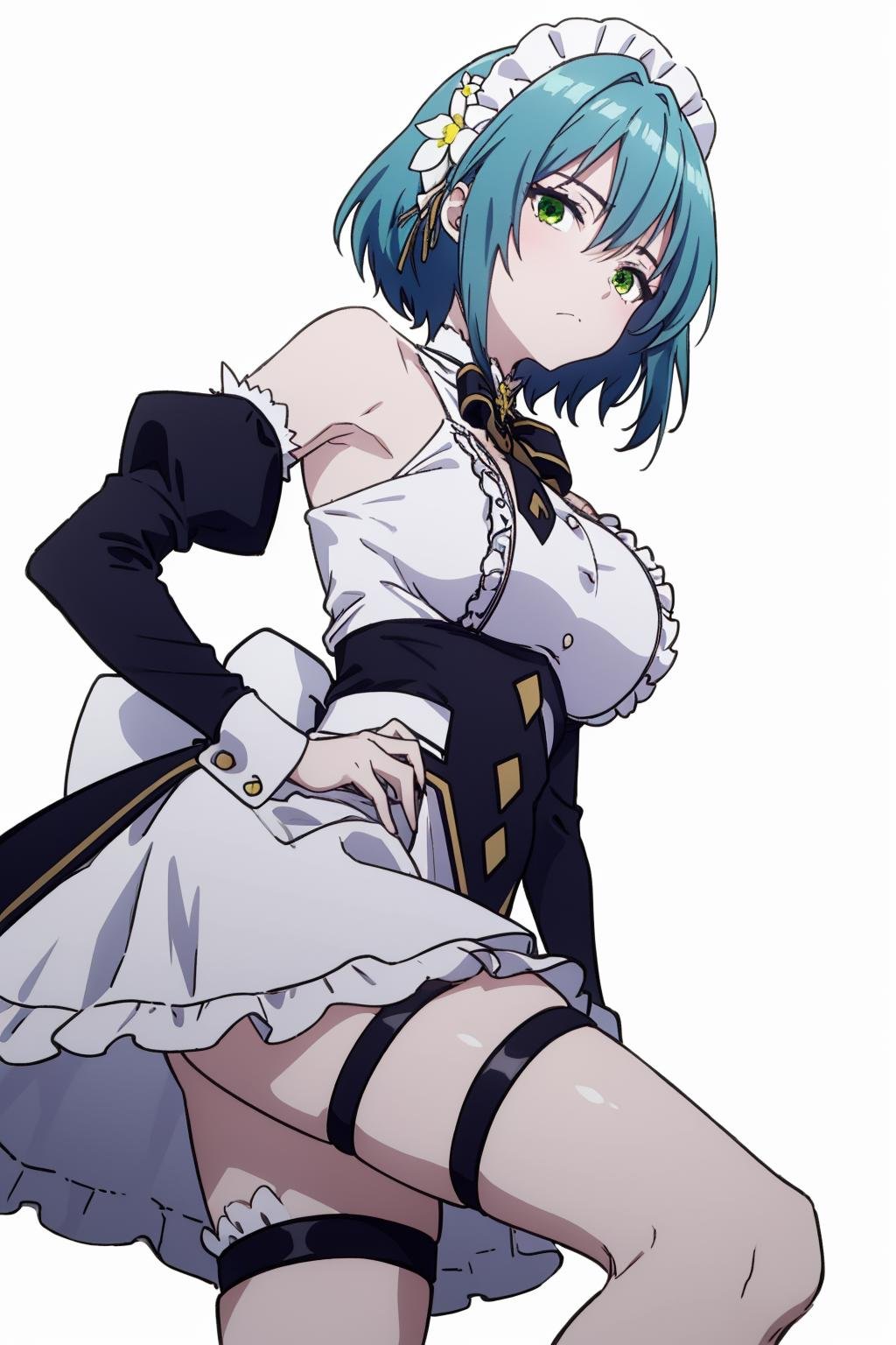 masterpiece, best quality, highly detailed, villhaze, green eyes, hair between eyes, blue hair, bare shoulders, large breasts, maid headdress, short hair, frills, detached sleeves, ribbon, maid, black bow, hair ornament, hair flower, white flower, short dress, thigh strap, sidelocks, two-tone dress, white wrist cuffs, yellow ribbon, black sleeves, (simple background:1.3), thigh, from below, (disgust face:1.3), (digust:1.3), (mad:1.1), (white background:1.2), looking at viewer, <lora:villhaze-05:1>