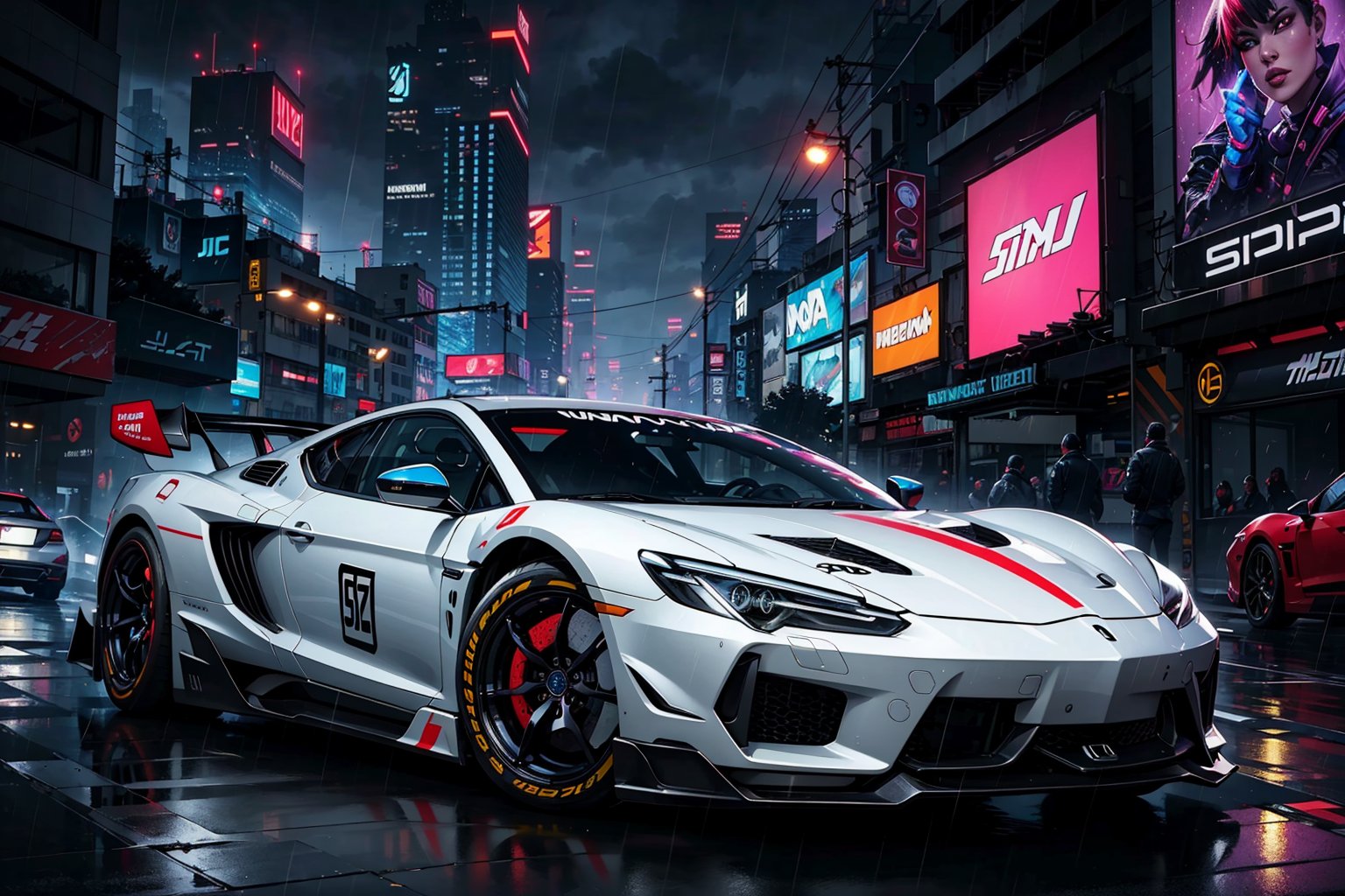 (digital artwork), JDM Super car, wide body kit, cyberpunk car, raining, midnight, (ultra detailed:1.2), (detailed background), graffiti wall