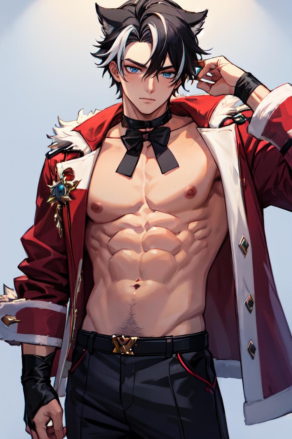 <lora:male_santa_outfit-off:1>male santa, santa costume <lora:wriothesley-off:0.8>wriothesley,black hair, white hair ,streaked hair, blue eyes,1boy,solo ,male focus, mature male, open jacket, fur-trimmed jacket, red jacket, abs,nipple