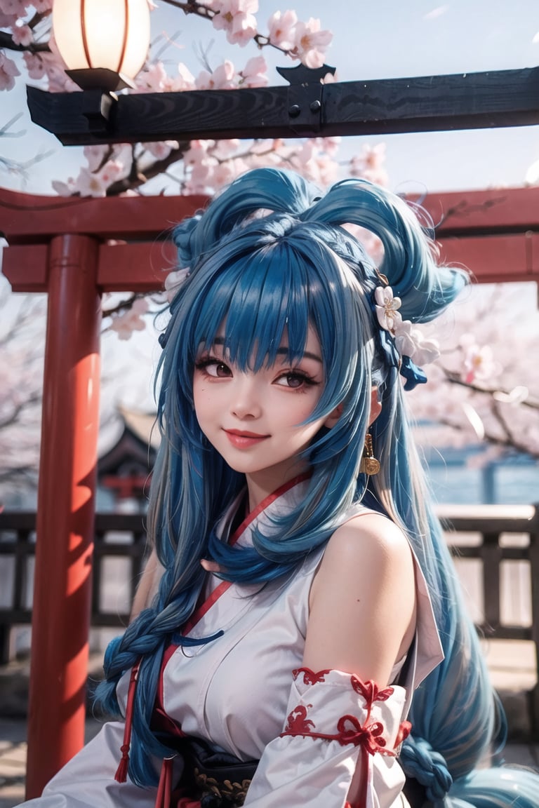 1girl, (ulzzang-6500-v1.1:0.7), blurry background,  kpop idol, yae miko, detached sleeves, bare shoulders, long hair, (blue hair:1.4),japanese clothes, best quality, (hair ornament:1.35), jewelry, purple eyes, earrings, breasts, torii, cherry blossoms at night, lantern light, depth of field, detailed face, face focus, ribbon_trim, (looking at viewer:1.25), nontraditional miko, shiny skin, long sleeves, smile, thick lips, game cg, hands on lips, east asian architecture, (blurry background:1.2), sitting, upper body,  , perfect shadow , bright lightning, closed eye