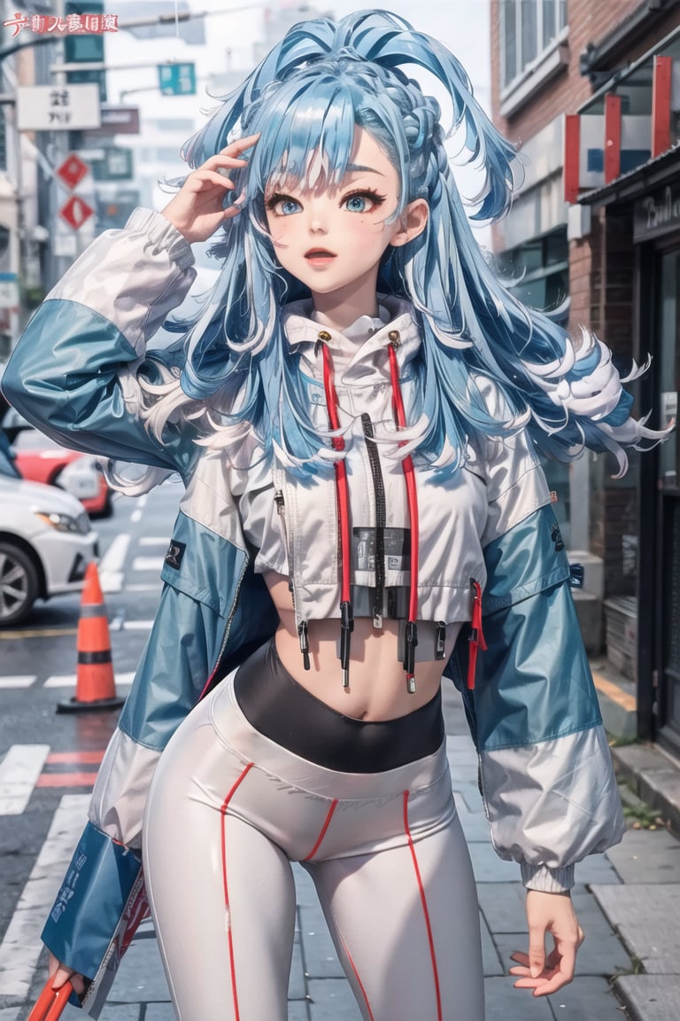 1 girl, kobokan, blue hair, wavy hair, detached_sleeves, raincoat, long_sleeves, hair accessories, white legging, street, blurry_background, grounded, epic_shot