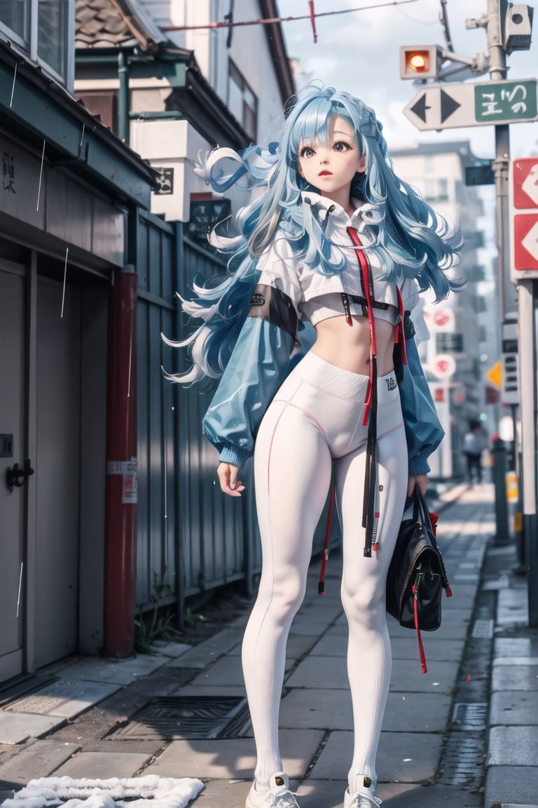 1 girl, kobokan, blue hair, wavy hair, detached_sleeves, raincoat, long_sleeves, hair accessories, white legging, street, blurry_background, grounded, epic_shot