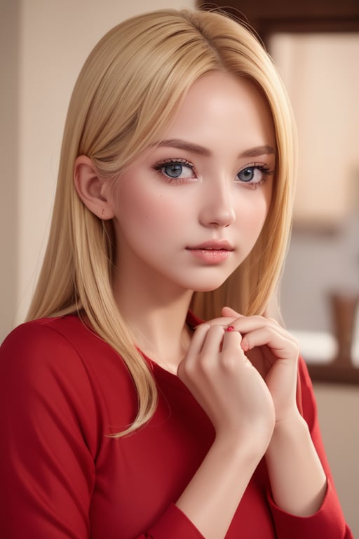 RAW photo,  portrait of a beautiful blonde woman wearing a red shirt (high detailed skin:1.2),  8k uhd,  dslr,  soft lighting,  high quality,  film grain,  Fujifilm XT3,  ((((hands))), 
,Wonder of Art and Beauty,Unique Masterpiece