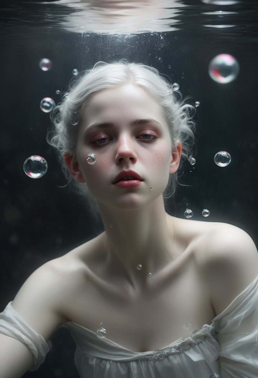 portrait of a woman under water, pale white skin and pale white hair, open red eyes, dynamic pose, dreamy, bubbles, soap bubbles, pearls, water beads, high quality, painting by Eve Ventrue and Mark Molchan, masterpiece, sleepy face, floating in deep water, dark water