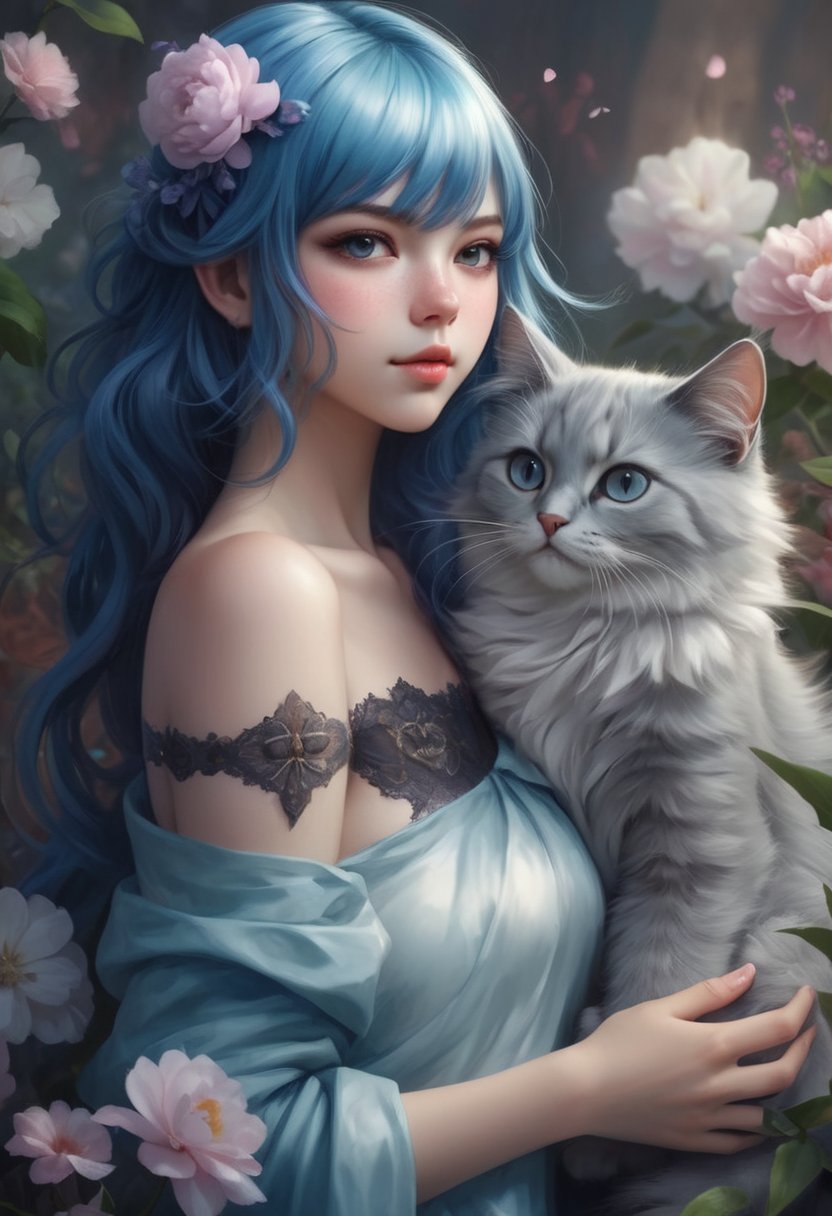 Beautiful girl with a furry cat, blue hair, by Artgerm cartoon, background flowers <lora:fix_hands:1> <lora:add-detail-xl:0.8>