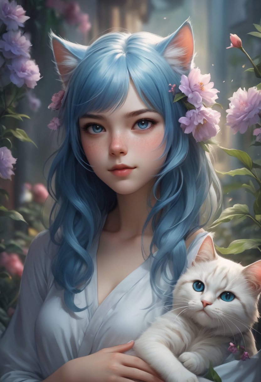 Beautiful girl with a furry cat, blue hair, by Artgerm cartoon, background flowers <lora:fix_hands:1> <lora:add-detail-xl:0.8>