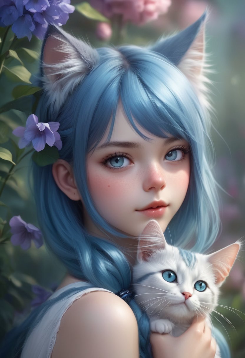 Beautiful girl with a furry cat, blue hair, by Artgerm cartoon, background flowers <lora:fix_hands:0.8>