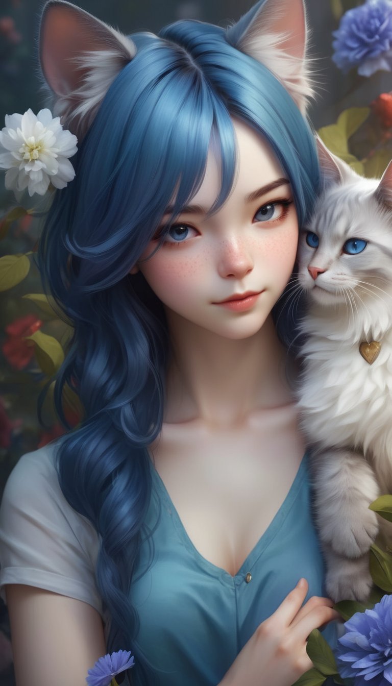 Beautiful girl with a furry cat, blue hair, by Artgerm cartoon, background flowers <lora:fix_hands:0.8>