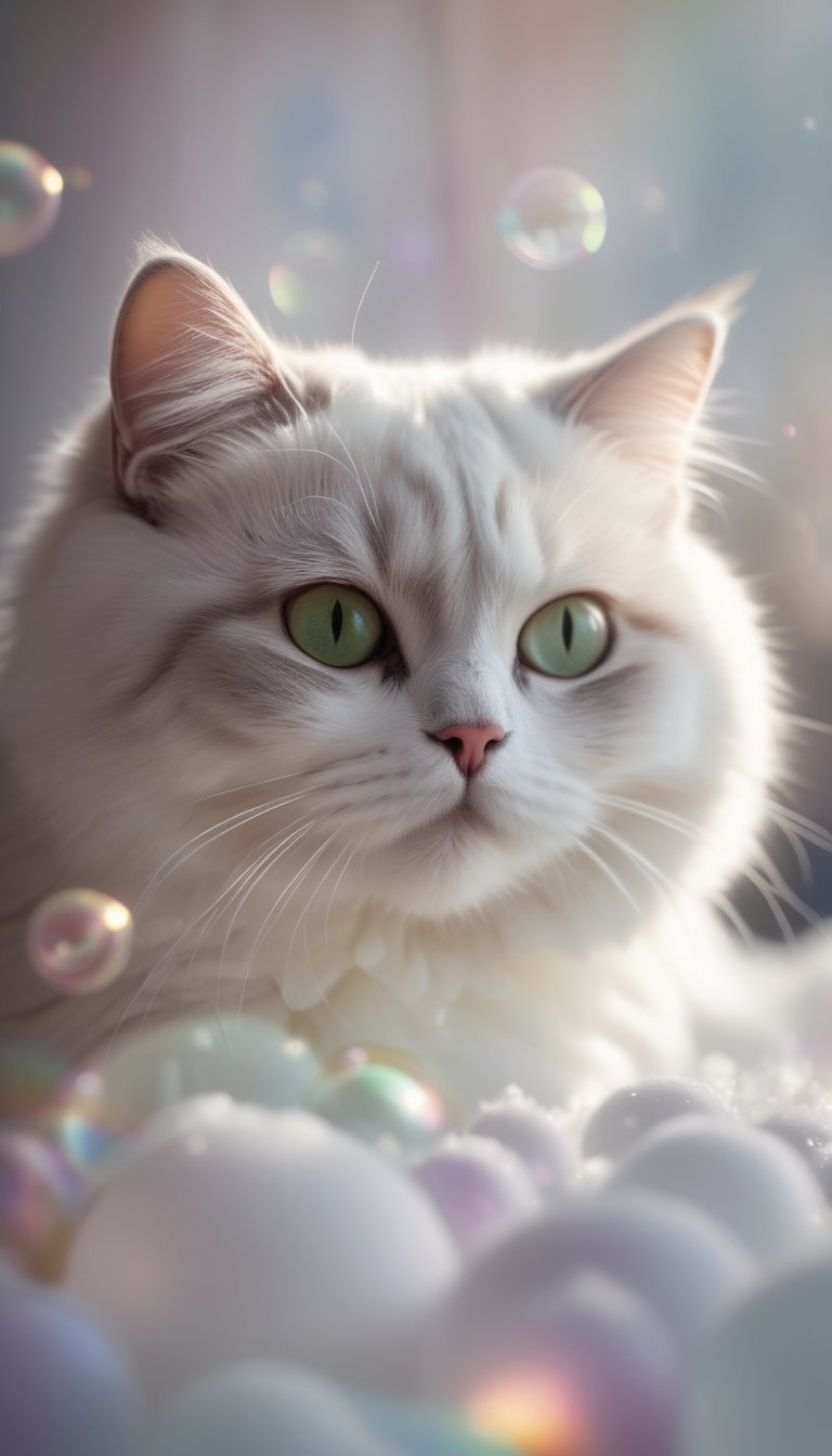 Fluffy cute cat surrounded by white foam, around many large soap bubbles shimmering with rainbow colors, festive atmosphere, harmony of light and shadows, detail, cinematic lighting, blurred background with colored bokeh lights, high quality, 16k