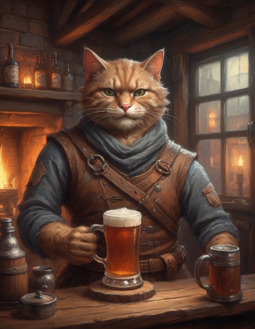 fantasy anthropomorphic cat warrior in dark tavern holding a pint of ale in a cozy environment with gas lamps rustic wood warm brick fireplace and frosted glass windows