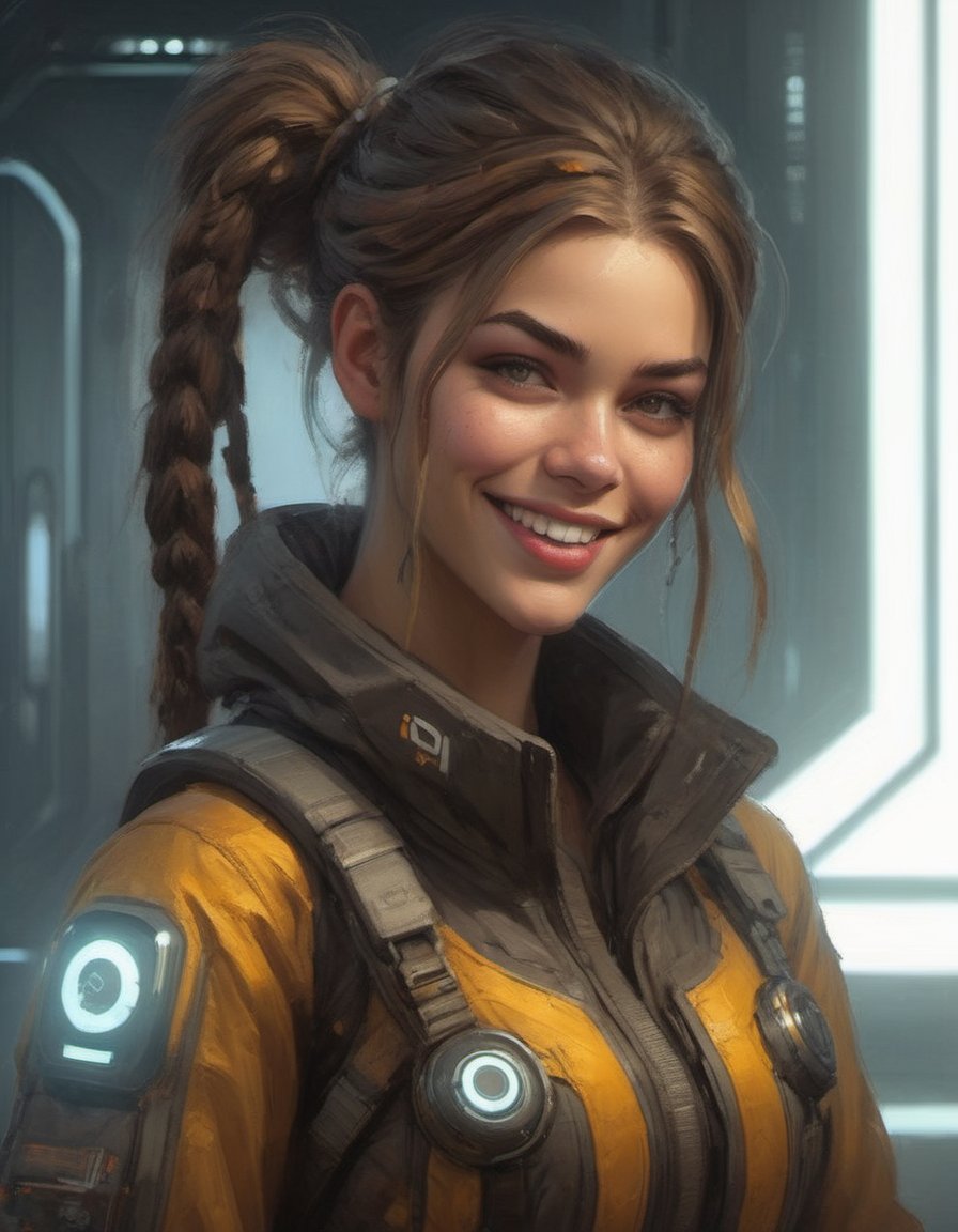 portrait of beautiful woman smile and honey-colored eyes long hair with braids overwatch design techwear look and clothes full uniform concept art by by craig mullins and jeremy mann background chrome paneling electric displays analog glowing buttons