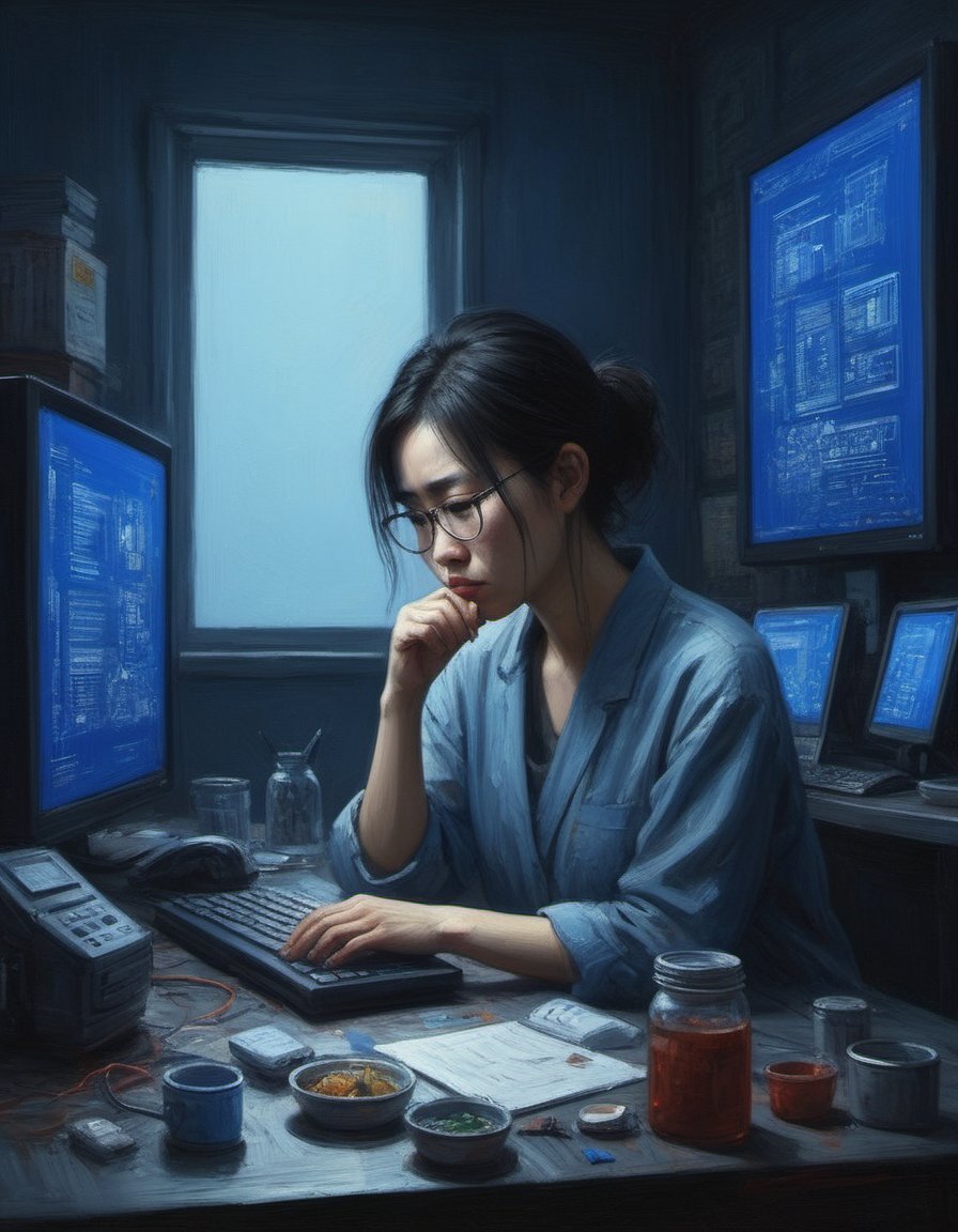 gloomy interior lonely female Chinese programmer hunched over a computer realist digital painting blue screen light on programmer in dark room computing messy tabletop with computer gadgets and empty food containers