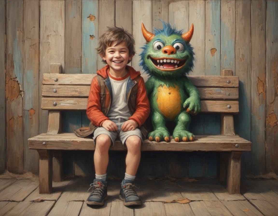 portrait of a cheerful boy and his tiny cute-but-fierce pet monster sitting on a rustic bench in front of an old clapboard wall with peeling paint