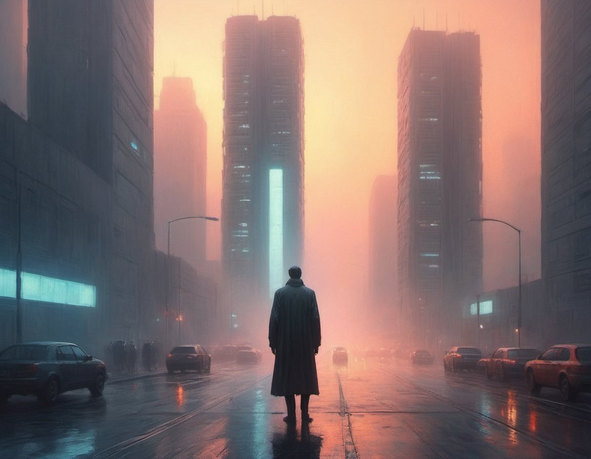 sci-fi brutalist architecture shrouded in mist and fog obscured neon lights wet roads closeup of tall thin man in long coat vast city scale sunrise through mist and smoke