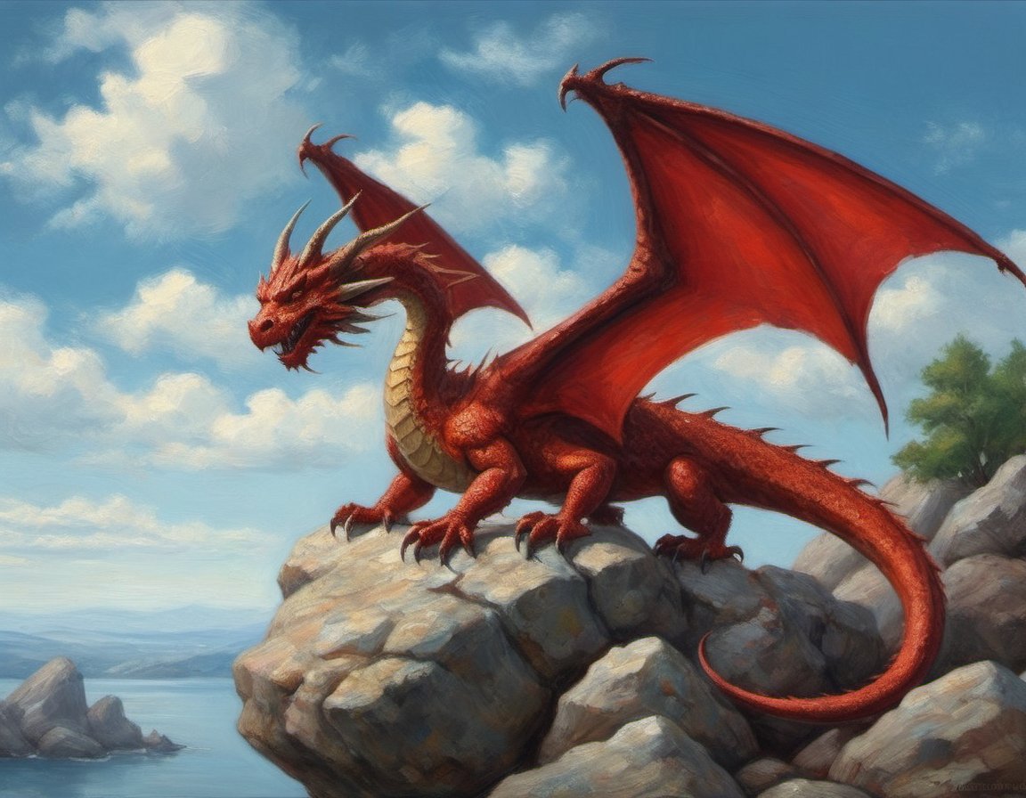 red dragon perched on a rocky cliffside with a tree blue sky with clouds 