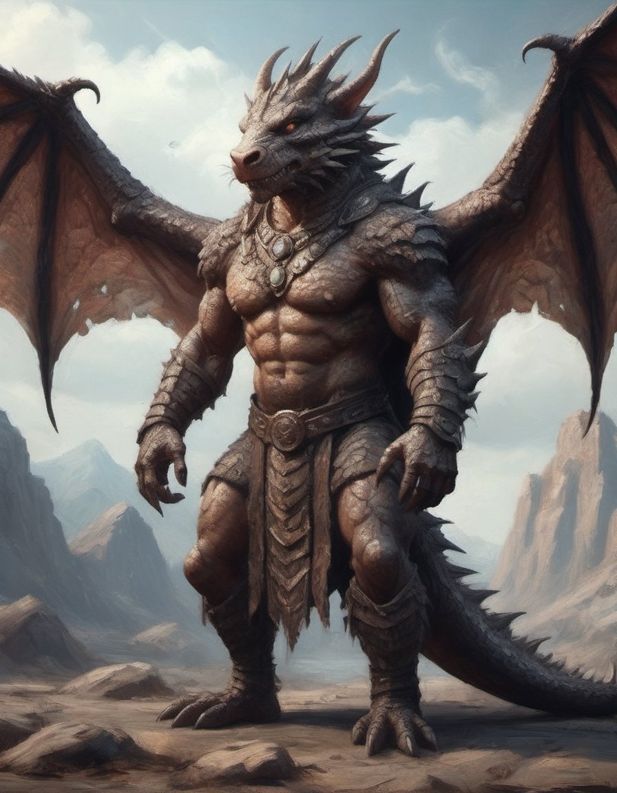 huge muscular dragon-rat-man shaman wearing intricate robes magical runes wasteland dark metallic scaly skin detailed wings photorealistic texture cinematic light fantastical and intense