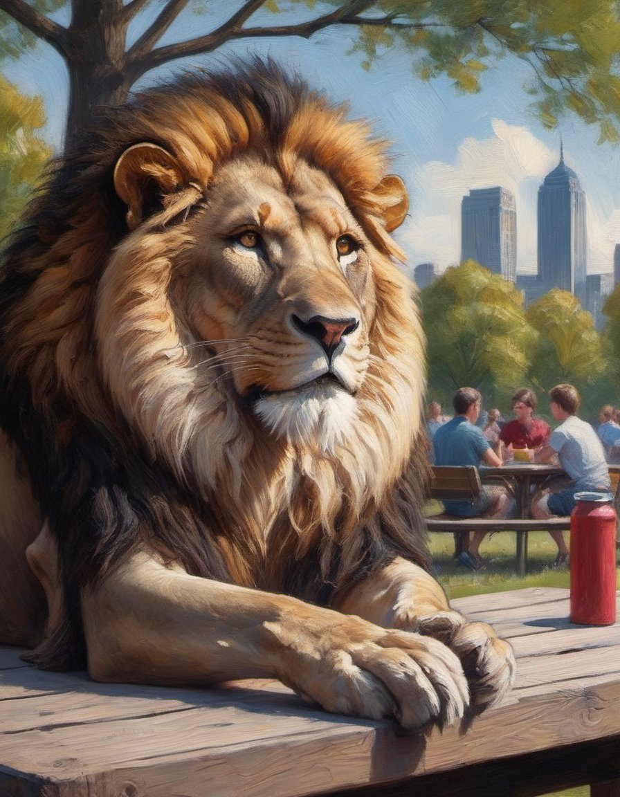 a majestic lion sits alert on a picnic table in a city park watching people