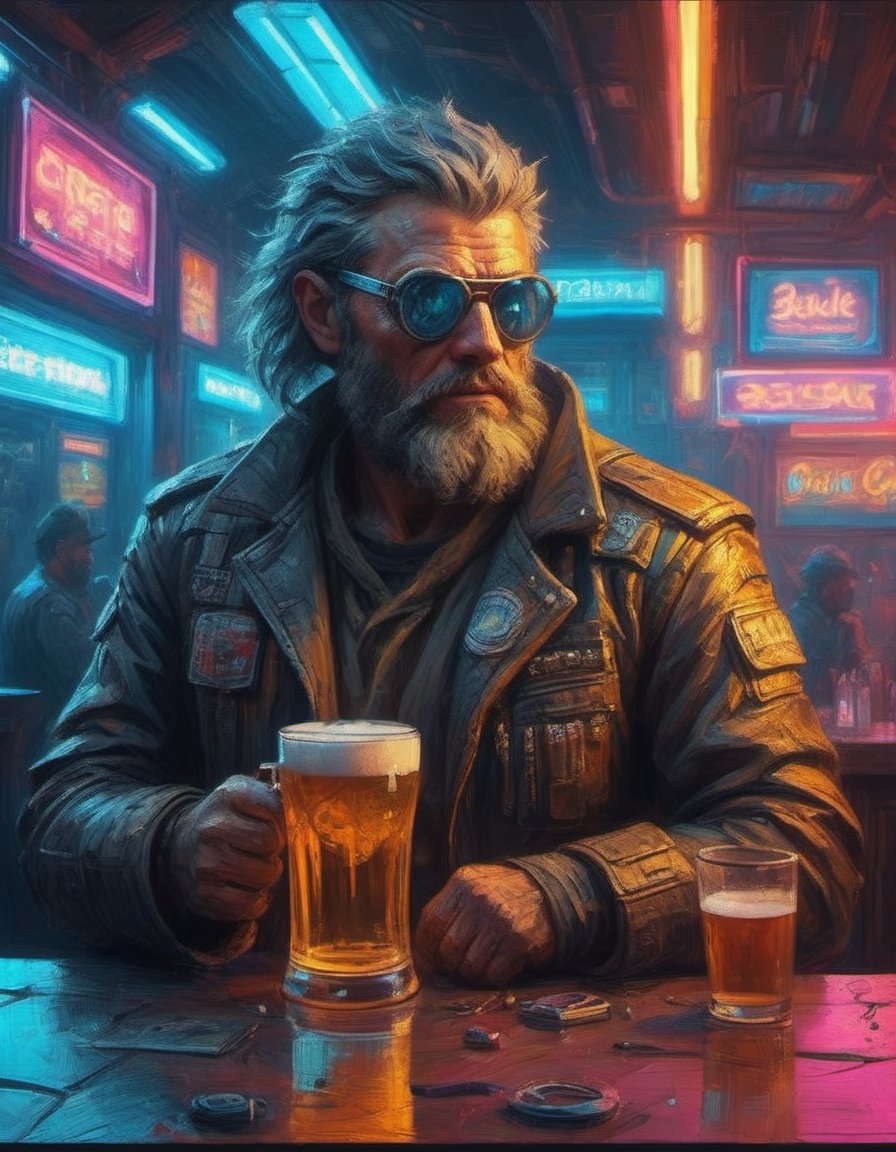 futurism cyberpunk neon bar cinematic light grizzled warrior with his beer shiny oil paint