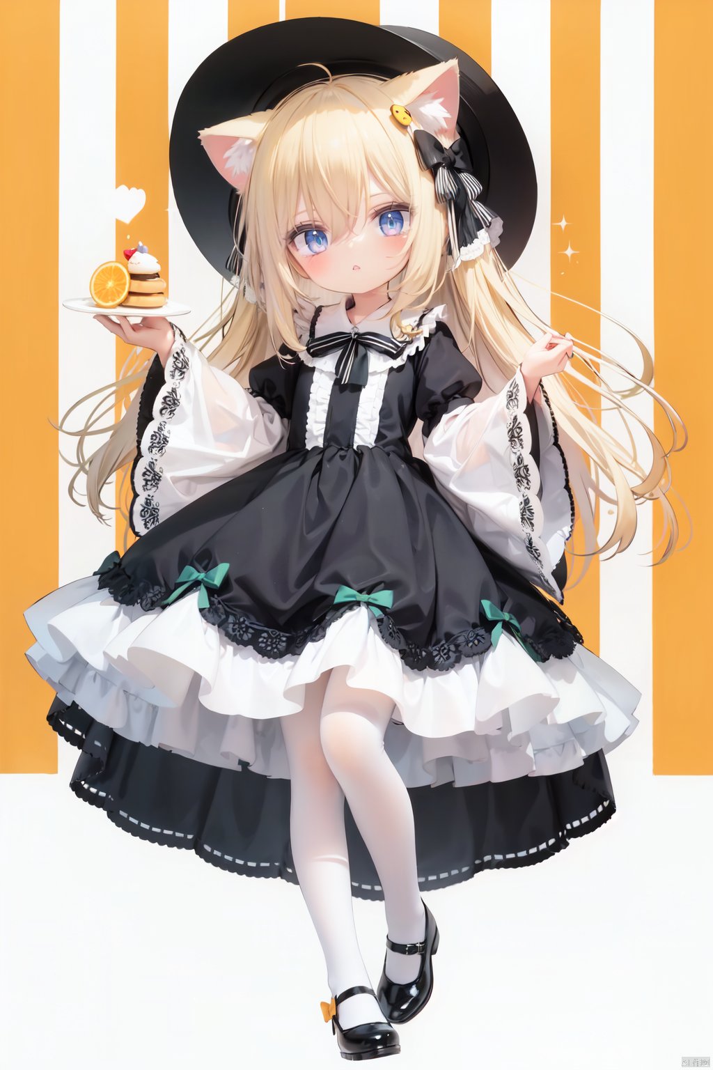  (cinematic lighting), dreamy atmosphere, Ray tracing, (((solo))), (loli:1.5), (child:1.5), (petite:1.5), green eyes, (animal ears), dress, solo, food, blonde hair, open mouth, long hair, pancake, flower, holding, bow, smile, fork, bird, socks, looking at viewer, shoes, striped background, holding fork, bonnet, striped, frills, long sleeves, :d, yellow dress, bangs, eyebrows visible through hair, blush, green nails, hair bow, nail polish, diagonal stripes, chick, sparkle, frilled dress, orange bow, fruit, full body, :3, hair between eyes, green bow, puffy sleeves, heart, lemon, orange footwear, animal ear fluff, white bow, cat ears, bobby socks, orange headwear, see-through sleeves, blue background, striped bow, hair ornament, white legwear, mary janes