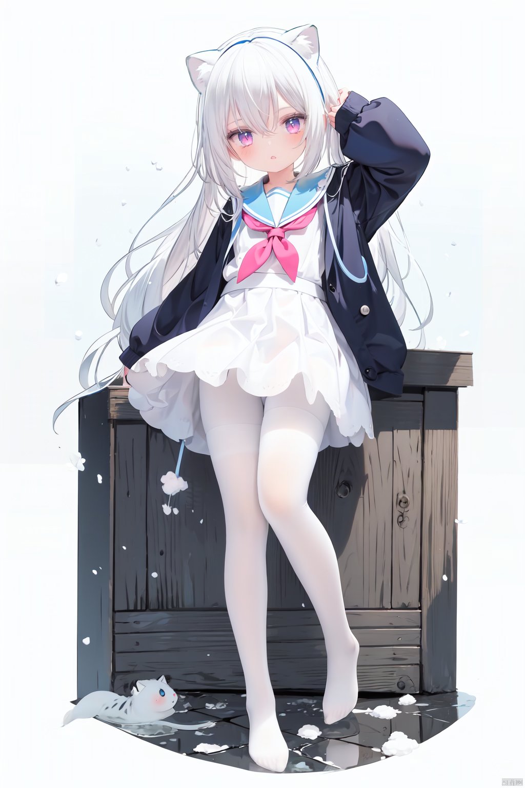  cute,Infant,solo blue shirt,blue sailor coat,loli,full body,white hair,snow leopard ear,white background,pink eyes,laugh,happy,white pantihose,white pantyhose,red armband,