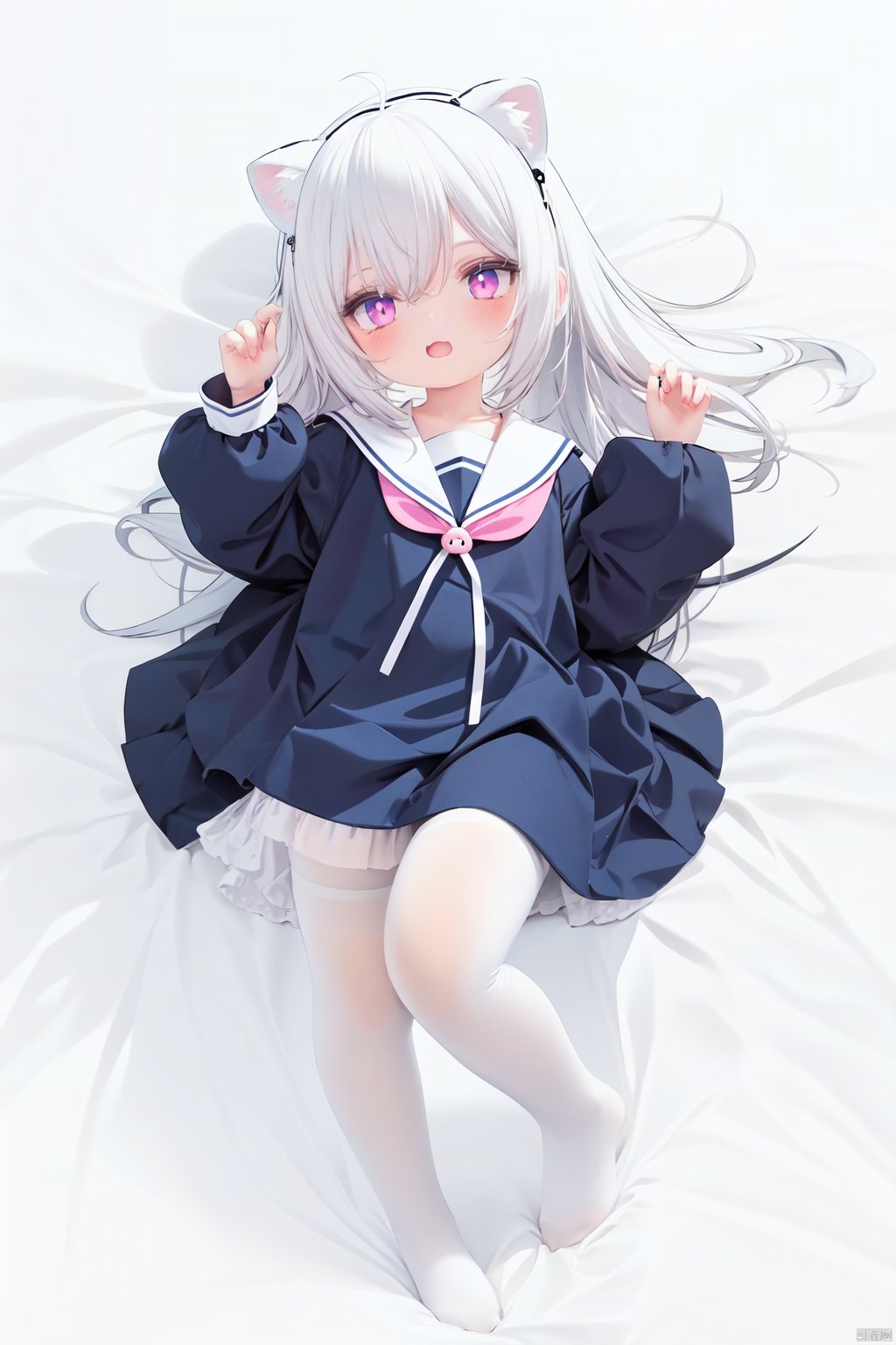  cute,Infant,solo blue shirt,blue sailor coat,loli,full body,white hair,snow leopard ear,white background,pink eyes,laugh,happy,white pantihose,white pantyhose,red armband,