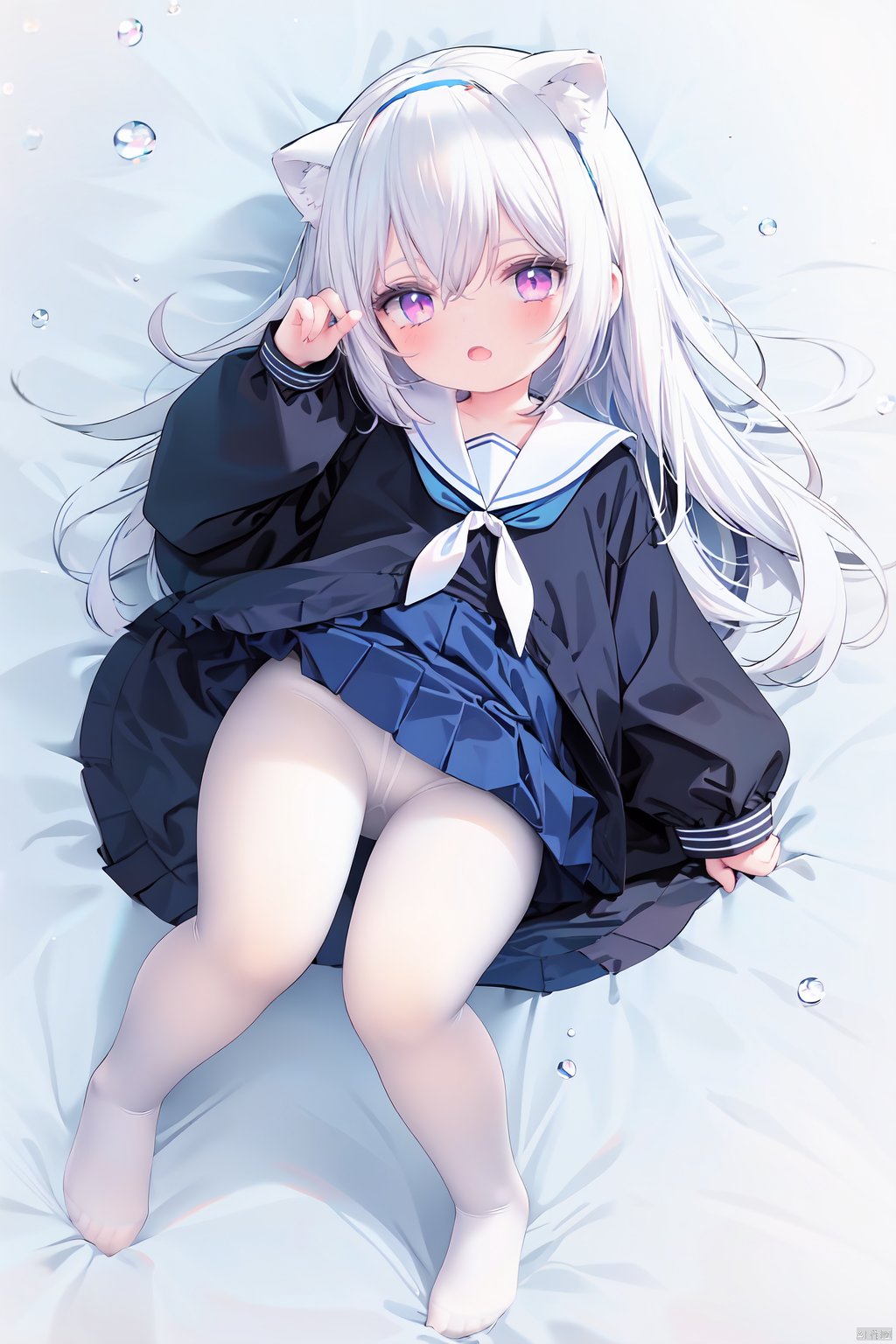  cute,Infant,solo blue shirt,blue sailor coat,loli,full body,white hair,snow leopard ear,white background,pink eyes,laugh,happy,white pantihose,white pantyhose,red armband,