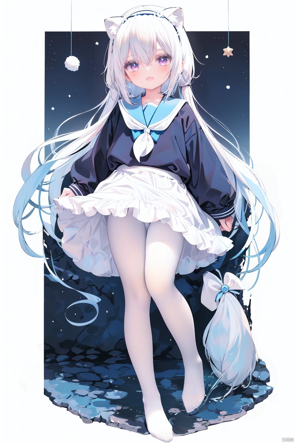  cute,Infant,solo blue shirt,blue sailor coat,loli,full body,white hair,snow leopard ear,white background,pink eyes,laugh,happy,white pantihose,white pantyhose,red armband,