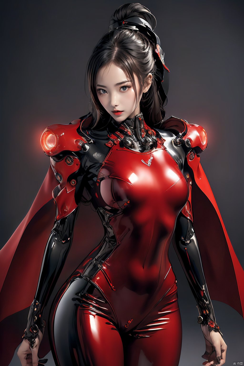  (Masterpiece: 1.6, (highly detailed: 1.6), (best quality: 1.6) (high resolution: 1.6) 1 girl, red patent leather Skin-tight garment, (mechanical: 1.1), complex decoration, armed weapons, Futurism, punk,machinery,blue_jijiaS,Sexy muscular, Hyung Tae Kim, mecha, circular face