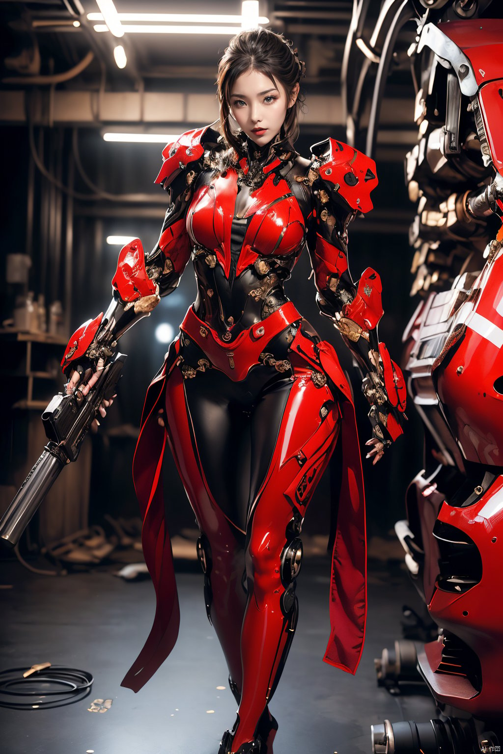  (Masterpiece: 1.6, (highly detailed: 1.6), (best quality: 1.6) (high resolution: 1.6) 1 girl, red patent leather Skin-tight garment, (mechanical: 1.1), complex decoration, armed weapons, Futurism, punk,machinery,blue_jijiaS,Sexy muscular, Hyung Tae Kim, mecha, circular face