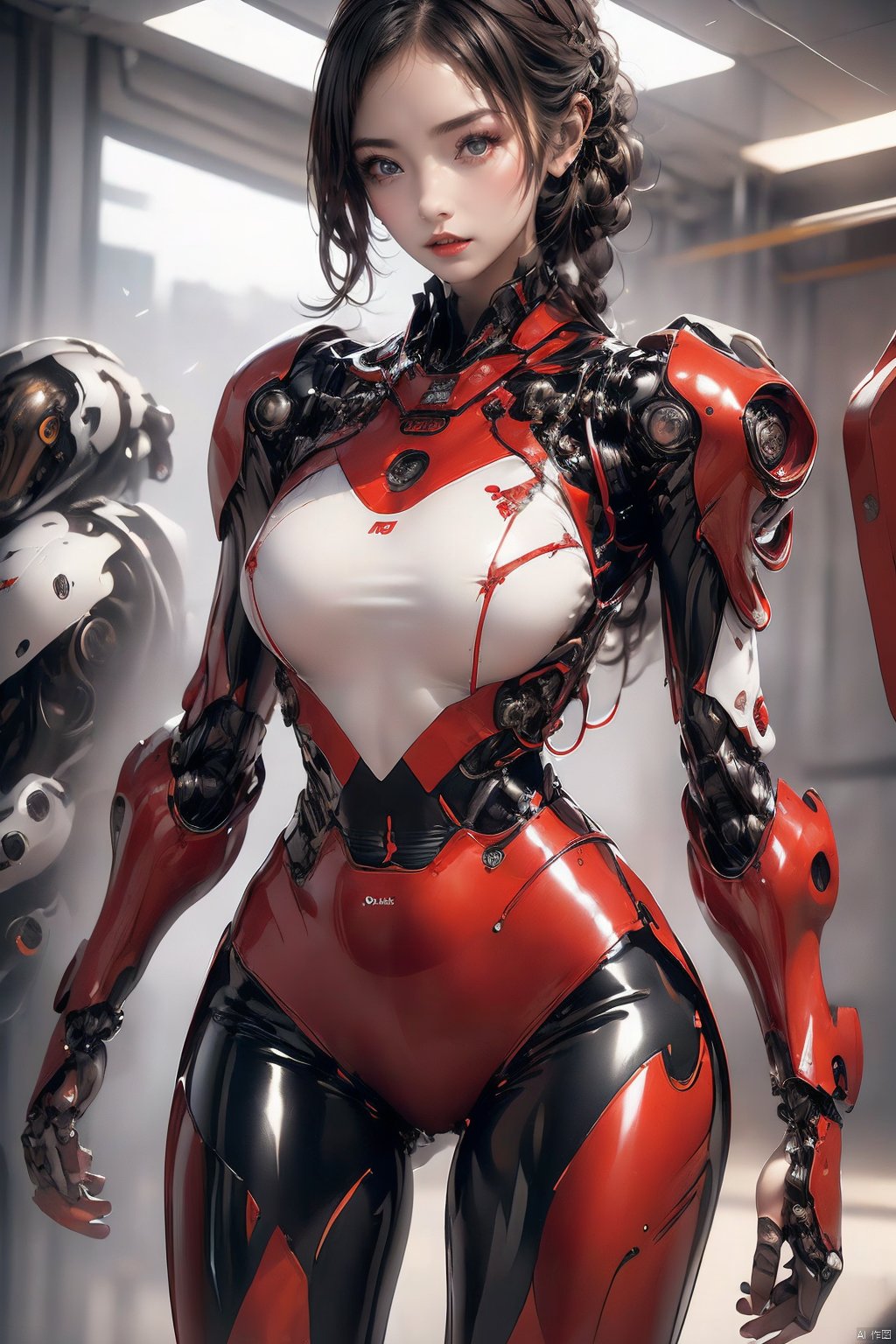  (Masterpiece: 1.6, (highly detailed: 1.6), (best quality: 1.6) (high resolution: 1.6) 1 girl, red patent leather Skin-tight garment, (mechanical: 1.1), complex decoration, armed weapons, Futurism, punk,machinery,blue_jijiaS,Sexy muscular, Hyung Tae Kim, mecha, circular face