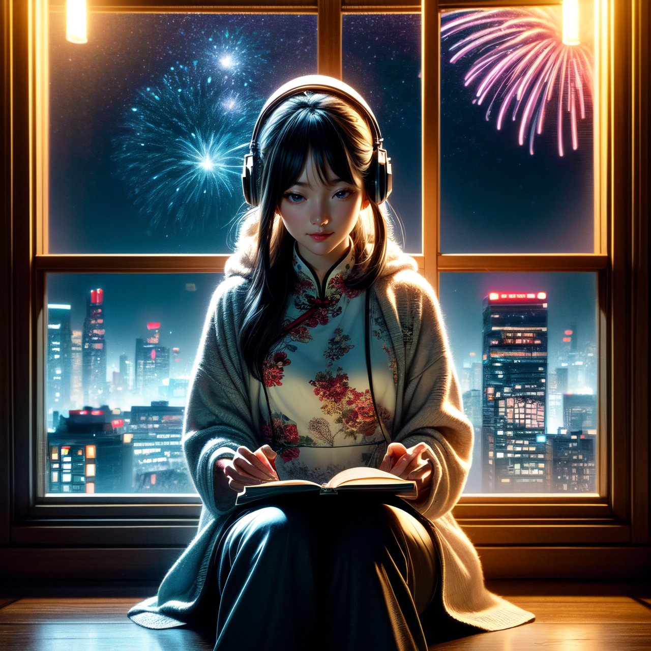 A cute LOFI music-themed anime-style girl wearing a winter cheongsam, leisurely reading a book by a window. She is wearing headphones and listening to music. The window offers a view of a vast night sky filled with stars and fireworks, set in a cyberpunk world. The image features a warm color palette, creating a cozy and inviting atmosphere. This scene combines traditional Chinese elements with a futuristic cyberpunk setting, capturing the essence of a serene winter night. perfectly suited for a LOFI music background.