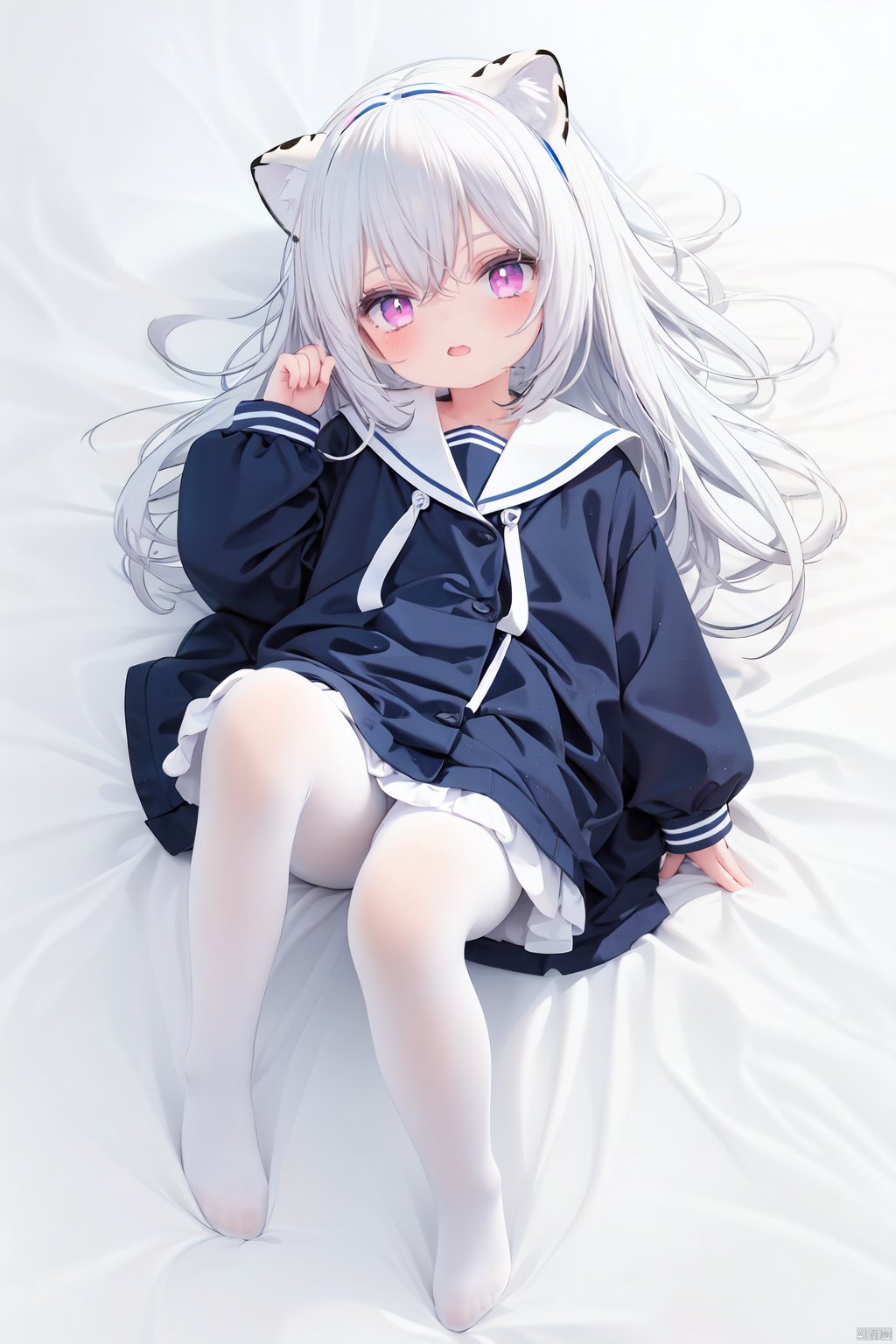  cute,Infant,solo blue shirt,blue sailor coat,loli,full body,white hair,snow leopard ear,white background,pink eyes,laugh,happy,white pantihose,white pantyhose,red armband,