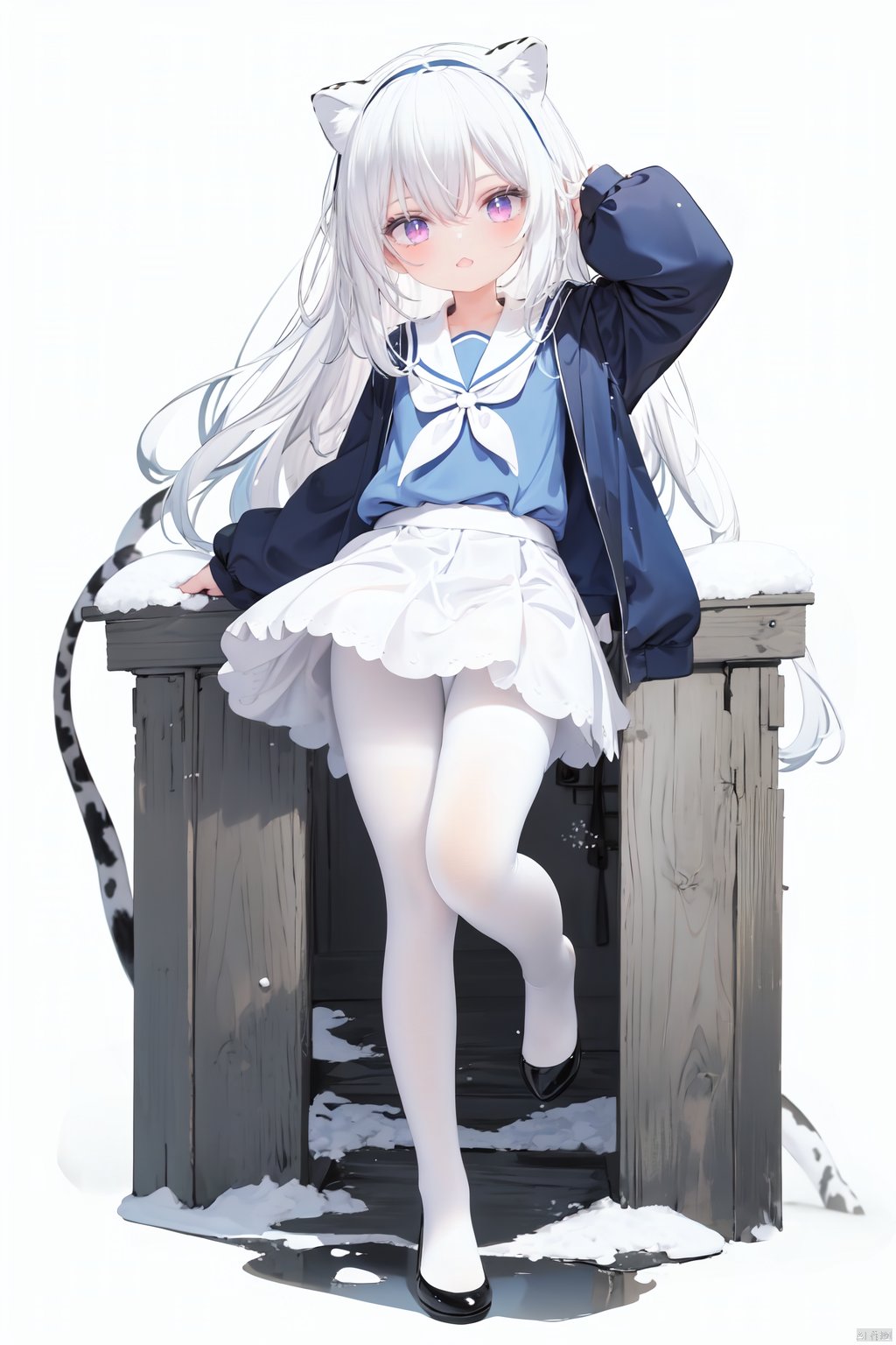  cute,Infant,solo blue shirt,blue sailor coat,loli,full body,white hair,snow leopard ear,white background,pink eyes,laugh,happy,white pantihose,white pantyhose,red armband,