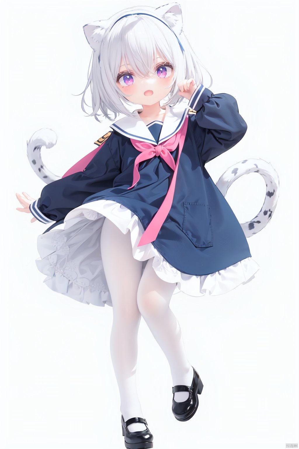  cute,solo blue shirt,blue sailor coat,loli,full body,white hair,snow leopard ear,white background,pink eyes,laugh,happy,white pantihose,white pantyhose,red armband,