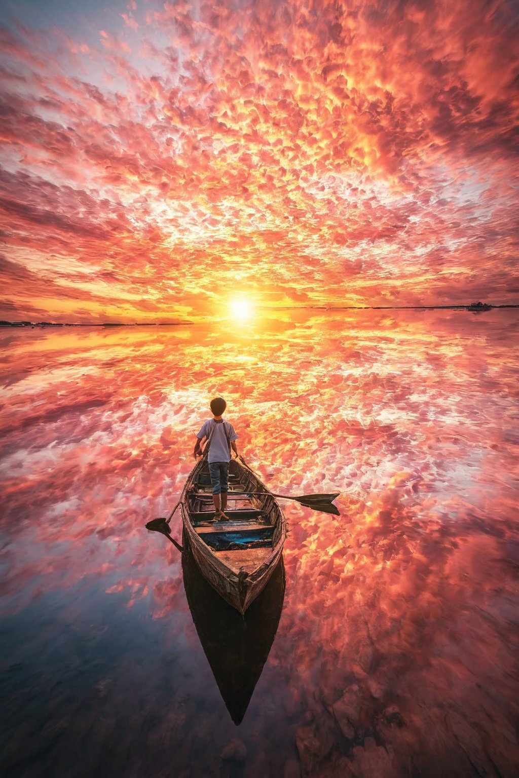 duobaansheying,(masterpiece:1.3),(8K, realisticlying, RAW photogr, Best quality at best:1.4),National Geographic,photo contest winners,cloud,pink sky,scenery,,reflection,sunset,outdoors,horizon,solo,sun,1boy,boat,water,