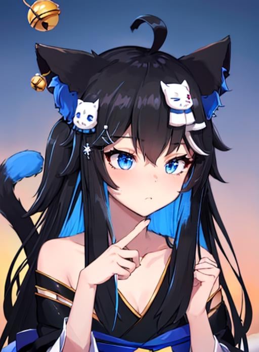 best quality, (masterpiece),(ultra-detailed), (high quality), (high resolution),  <lora:nottvt:0.7>,nott vt, animal ears, cat ears, black hair, long hair, cat girl, blue eyes, multicolored hair, blue hair, hair ornament, jingle bell, ahoge, japanese clothes, 