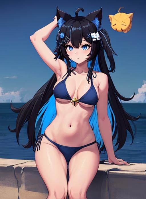 best quality, (masterpiece),(ultra-detailed), (high quality), (high resolution),  <lora:nottvt:0.7> nott vt, animal ears, cat ears, black hair, long hair, cat girl, blue eyes, multicolored hair, blue hair, ahoge, hair ornament, jingle bell,bikini, 