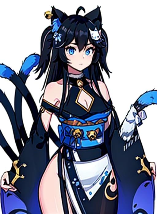 best quality, (masterpiece),(ultra-detailed), (high quality), (high resolution),  <lora:nottvt:0.7>,nott vt, multiple tails, bare shoulders,  long hair, black hair, japanese clothes, detached sleeves, hair ornament, clothing cutout, bell, kimono, cat girl, sash, two tails, breasts, 1girl, sleeves past wrists, blue eyes, cat tail, ahoge, two side up, solo, tail, jingle bell, cat hair ornament, animal ears, cat ears