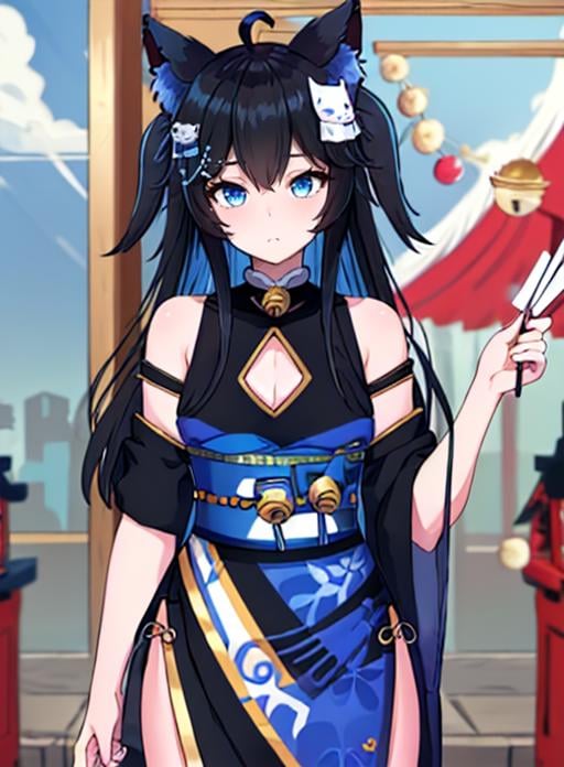 best quality, (masterpiece),(ultra-detailed), (high quality), (high resolution),  <lora:nottvt:0.7>,nott vt, animal ears, cat ears, black hair, long hair, cat girl, blue eyes, multicolored hair, blue hair, hair ornament, jingle bell, ahoge, japanese clothes, sash, clothing cutout, 