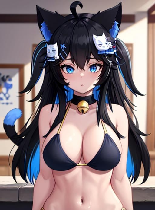 best quality, (masterpiece),(ultra-detailed), (high quality), (high resolution),  <lora:nottvt:0.7> nott vt, animal ears, cat ears, black hair, long hair, cat girl, blue eyes, multicolored hair, blue hair, ahoge, hair ornament, jingle bell,bikini, 