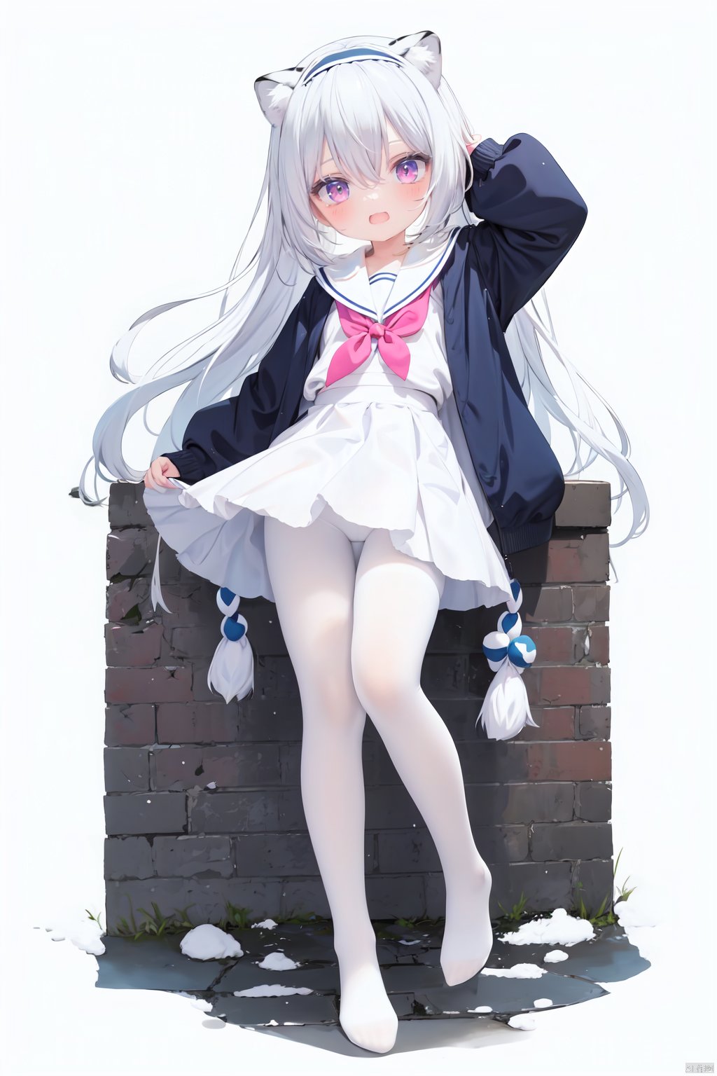  cute,Infant,solo blue shirt,blue sailor coat,loli,full body,white hair,snow leopard ear,white background,pink eyes,laugh,happy,white pantihose,white pantyhose,red armband,