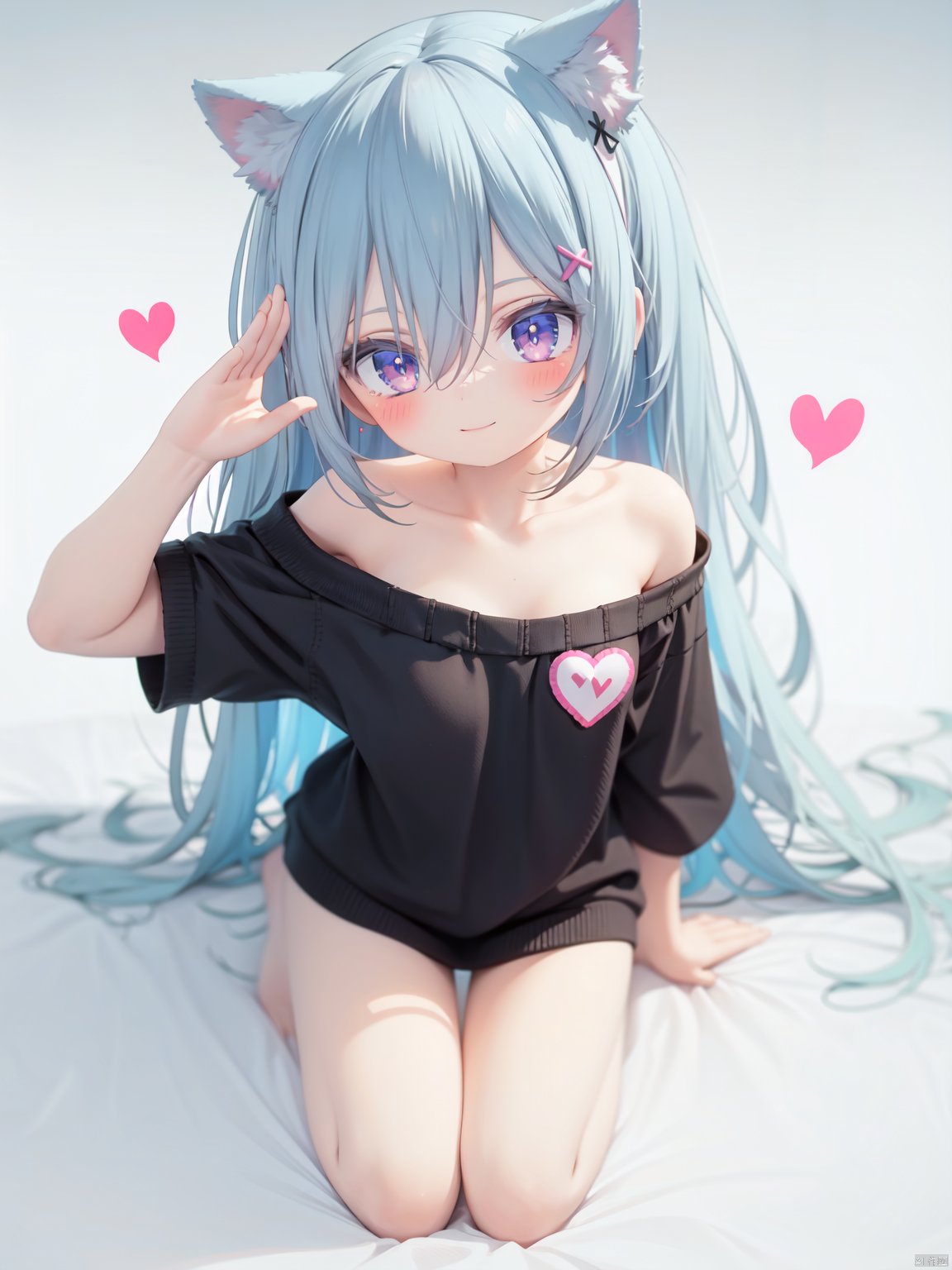  petite, loli, solo, animal ears, heart, puffy short sleeves, blue hair, long hair, off shoulder, bangs, hair ornament, gradient background,rainbow gradient, x hair ornament, animal ear fluff, looking at viewer, very long hair, blush, smile, cat ears, bare shoulders, collarbone, hand up, gradient sweater, hair between eyes, symbol-shaped pupils, arm up, heart-shaped pupils, hairclip, medium breasts, salute, bare legs,full body